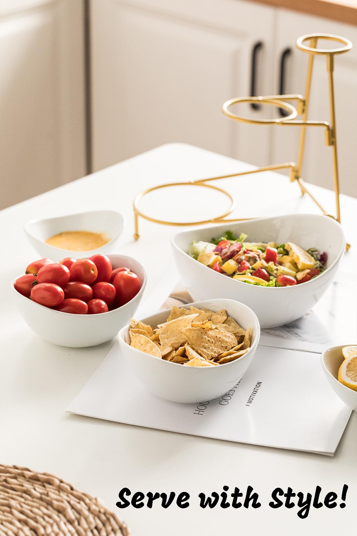 LAUCHUH 3 Tier Serving Stand Serving Dishes for Entertaining Porcelain Oval Bowl Set Tiered Serving Tray for Fruit, Vegetable, Nuts, Salad, Chip Dip Bowl Set for Father's Day, Gold
