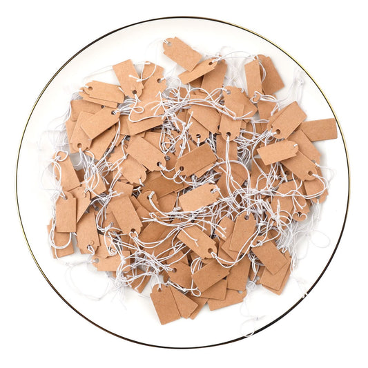 200 Pcs Price Tags, Small Tags with Elastic String, Jewelry Price Tag Writable Kraft Gift Tag for Gift Clothes Jewelry Mother's Day (Brown,1.02×0.47inch)
