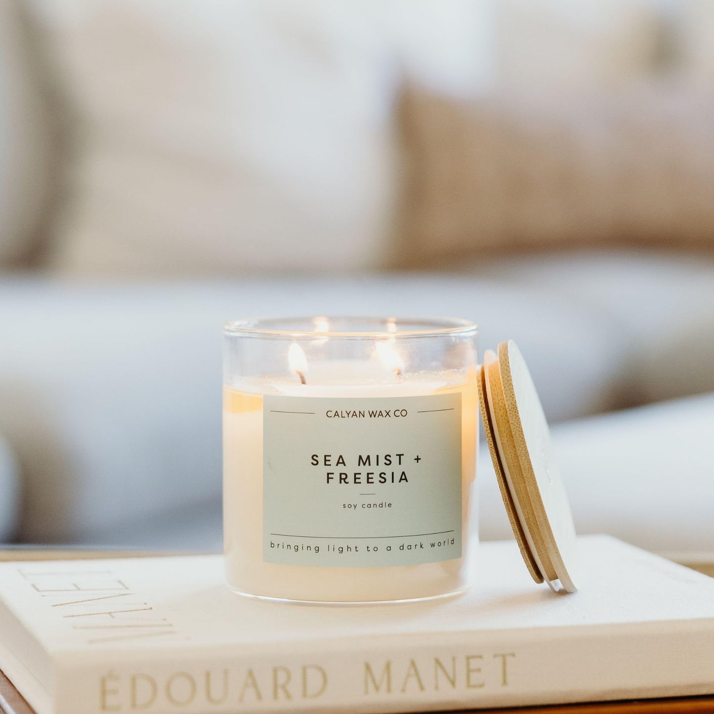 Calyan Wax Co. Sea Mist & Freesia 2 Wick Scented Candle - 37 Hour Burn - Luxury Clean Soy Wax Candles - Long Lasting Large Glass Jar Candle for Home - 8.8oz