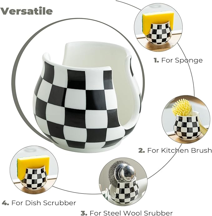 Checkered Sponge Holder for Kitchen Sink, Ceramic Dish Sponge Dish Rack Scrubby