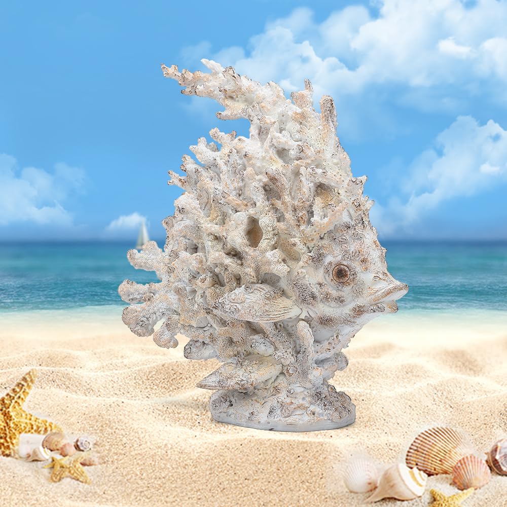 SUYNYBHF Coral Fish Figurines Beach Coastal Coral Reef Decor 9.6-inch Resin Statue Angel Fish Home Office Desktop Sculpture Bathroom Decoration Mom Gift Ornament Gift(White) (White Coral Fish)