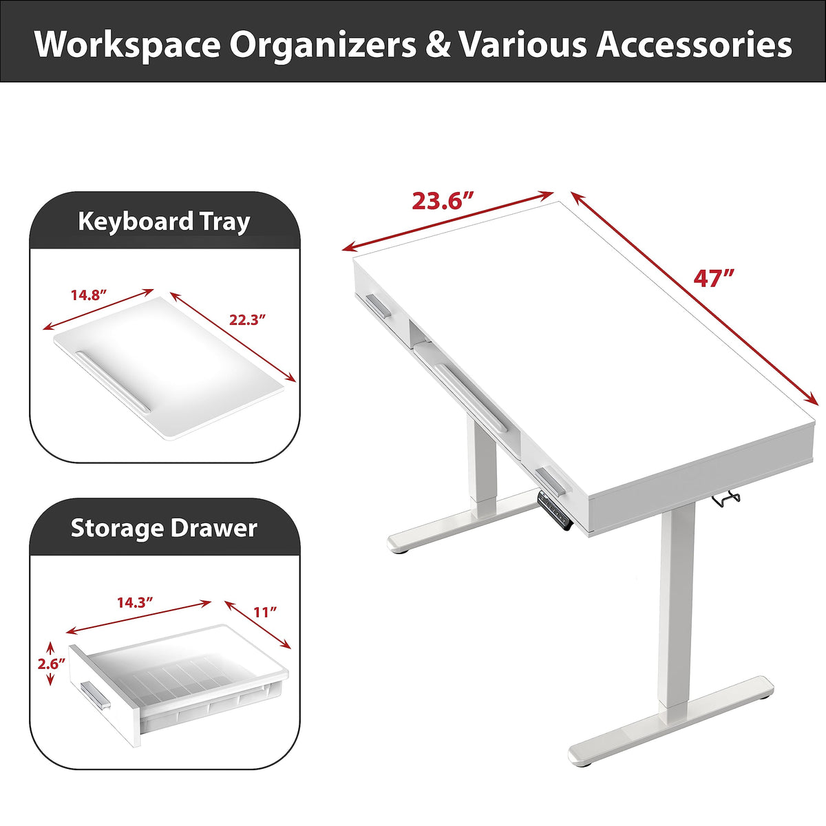 SHW 48-Inch Electric Height Adjustable Desk with Keyboard Tray and 2 Drawers, White