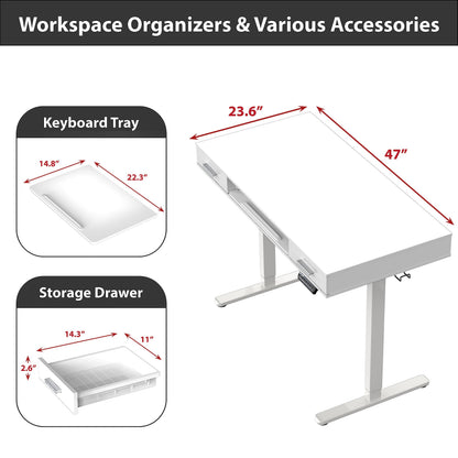 SHW 48-Inch Electric Height Adjustable Desk with Keyboard Tray and 2 Drawers, White