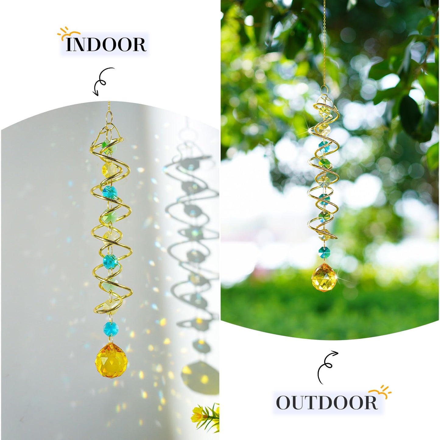 H&D HYALINE & DORA Glass Gazing Ball Spiral Tail Decorative Sun Catcher,20.5in Rainbow Maker Double-Spiral W/Yellow Crystal Ball Prism Sun Catcher for Indoor Outdoor Garden Decoration