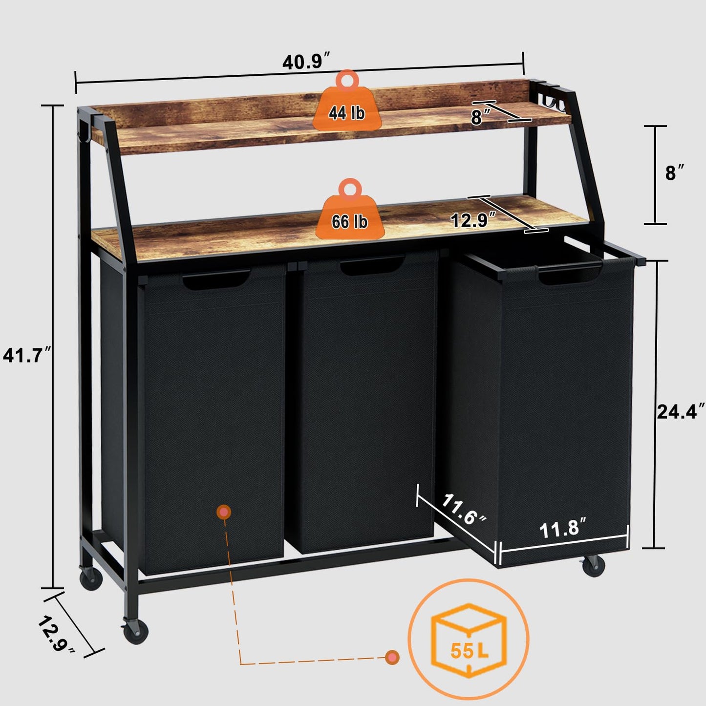Timberer Laundry Hamper, Laundry Sorter 3 Section, Rolling Laundry Basket with Wheels, 2 Shelves, 3 × 14.5 Gal, Pull-Out and Removable Oxford Fabric Bags, for Laundry Room, Black and Rustic Brown