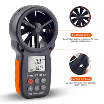 BTMETER BT-100 Digital Anemometer Handheld, Anemomters Wind Speed Meter for Measuring Wind Speed, Temperature and Wind Chill with Backlight and Max/Min/AVG for HVAC Shooting Drone