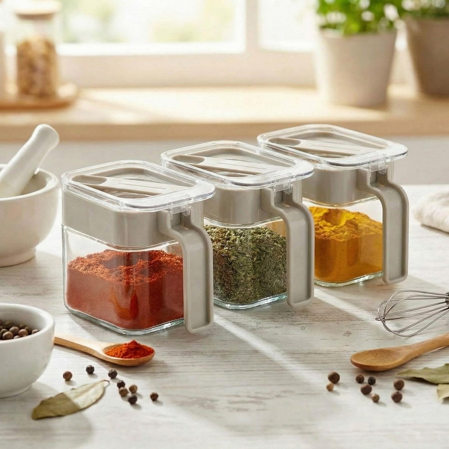 Suclain 6 Pcs Condiment Jar Spice Container 13.5oz Sugar and Salt Container Set Clear Glass Condiment Canister with Spoon Dustproof Lid and Handle for Kitchen Spice Salt Organizer(Grey)