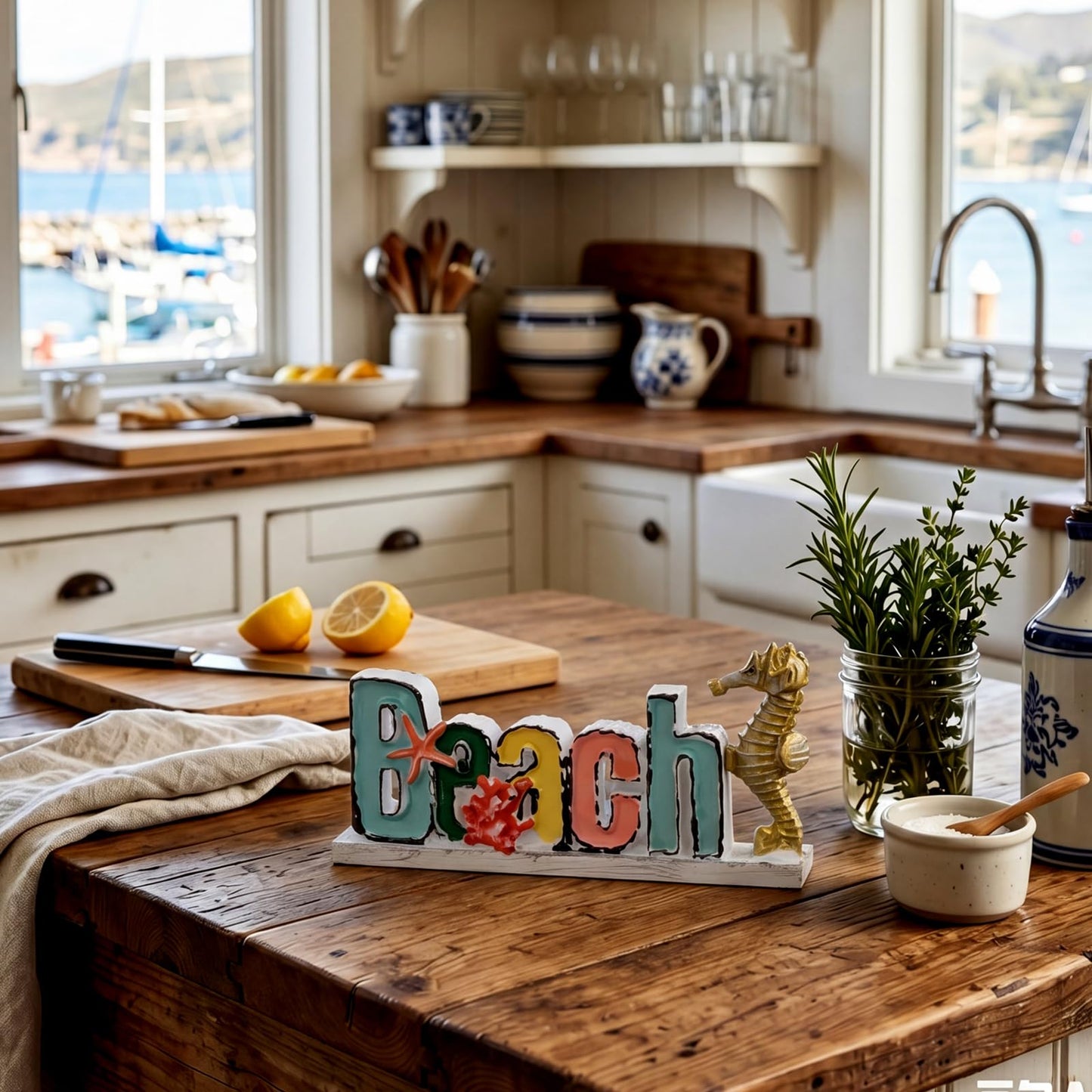 Novabright 2 Pcs Resin Beach Relax Sign, 3.9" Beach Decorations for Home with Seahorse Starfish Coastal Tabletop Figurines for Bathroom Desk Shelf Ocean Theme Home Decoration
