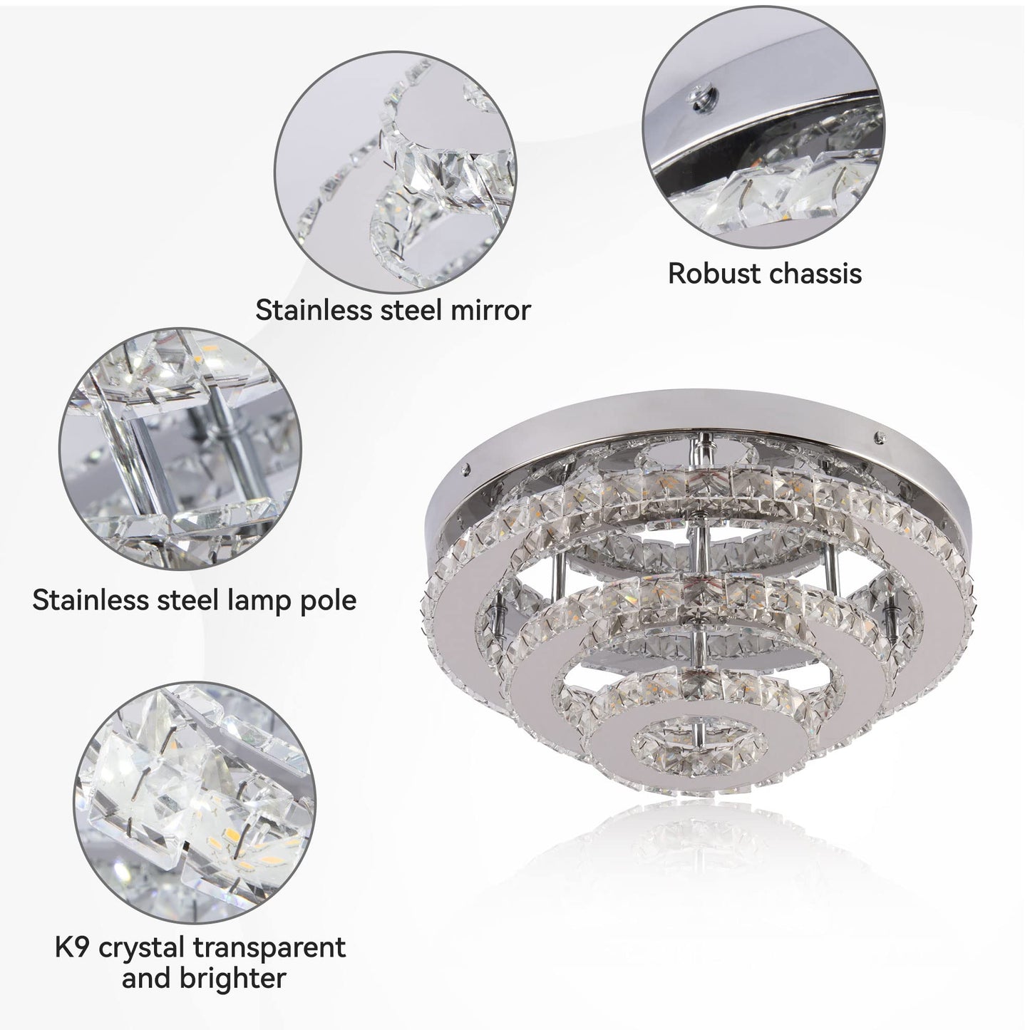 YPQXYHDA Modern Crystal Chandelier LED 3 Tier Crystal Ceiling Lights Flush Mount Round Chandeliers for Bedrooms Dining Room Living Room,Dia 13.8",Cool White,42 W
