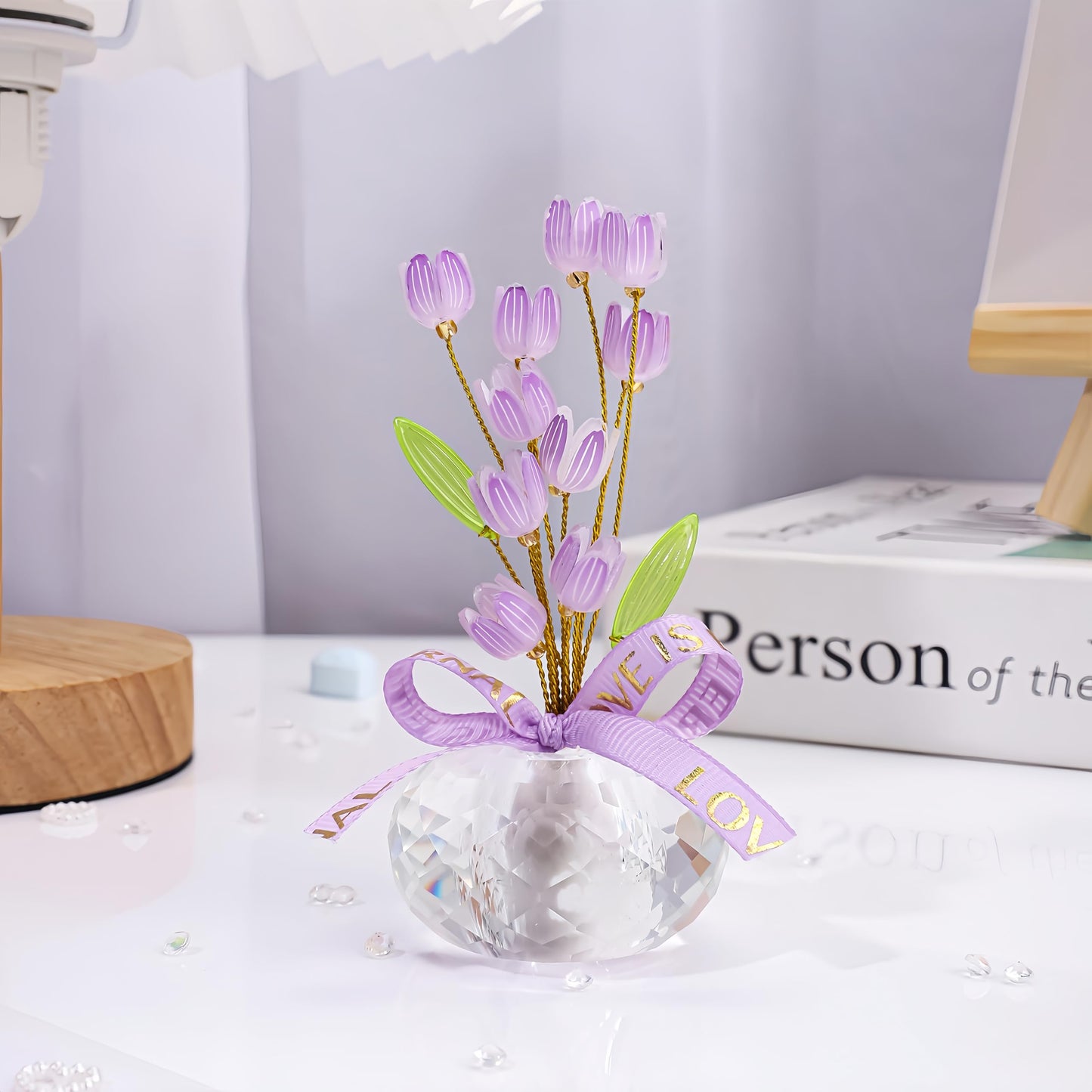 Crystal Flower Figurine - Handmade Mini Flower Decor with Crystal Base, Plastic Artificial Petals and Adjustable Wire, Cute Floral Ornament for Home/Office/Car, Ideal Gift for Women(Purple Tulips)