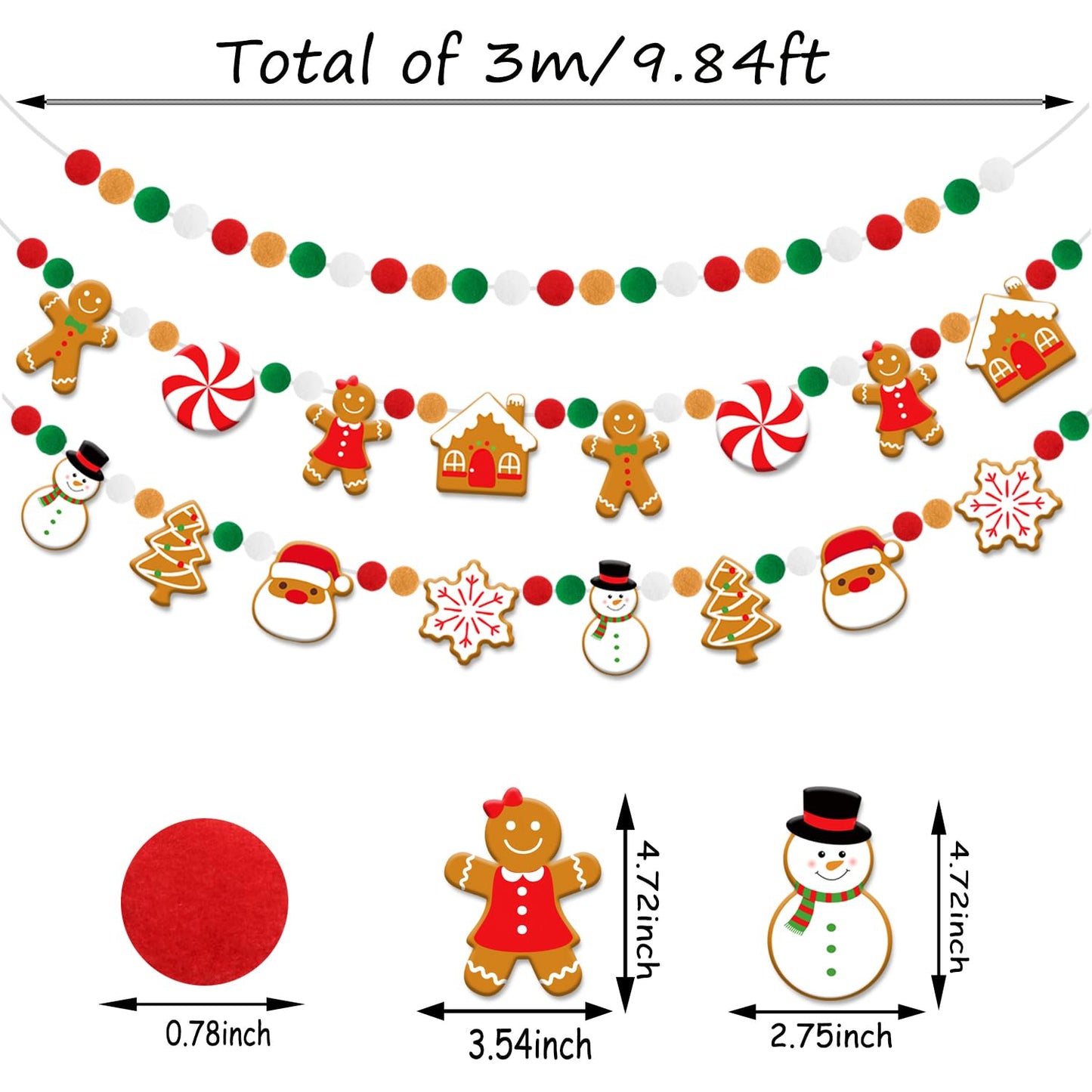 Doumeny 3Pcs Christmas Felt Ball Banner Xmas Gingerbread Man Candy House Garland Banner Christmas Tree Santa Claus Snowflake Snowman Garland Bunting Xmas Hanging Bunting for Holiday Mantel Home Decor