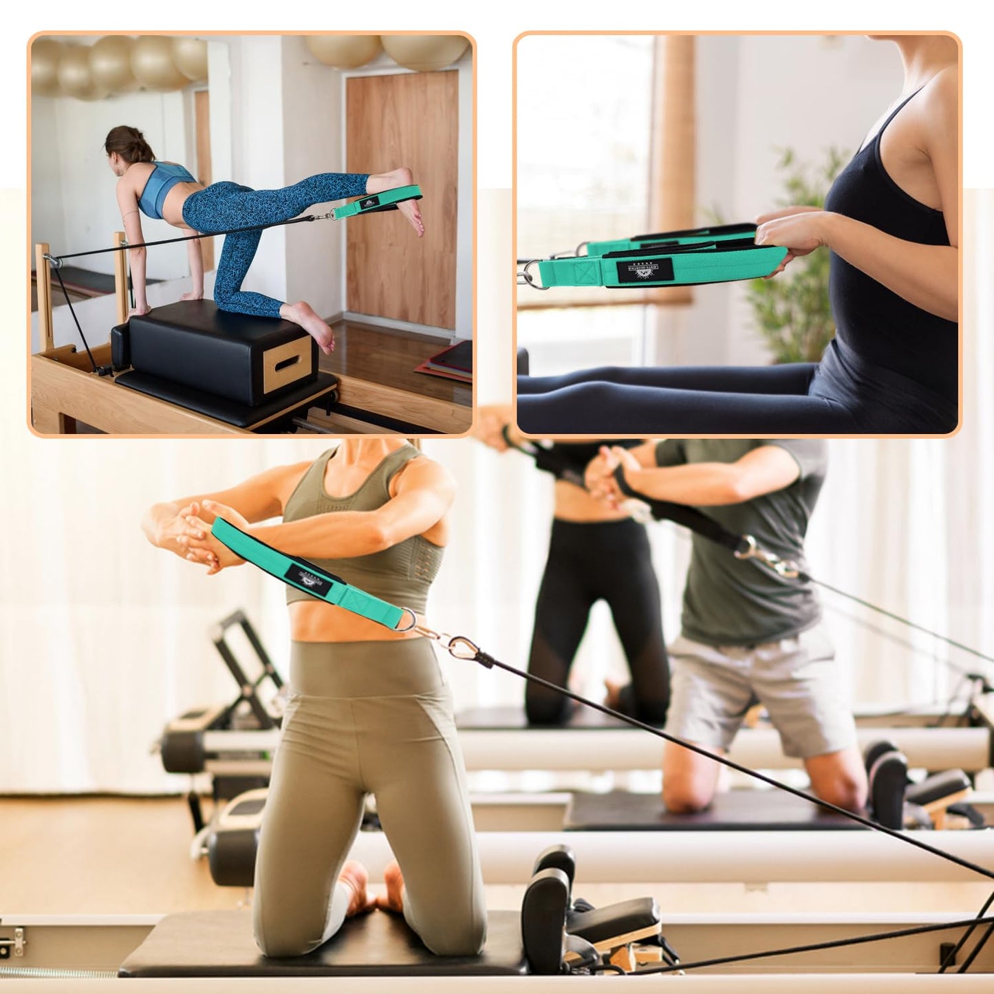 Lights Mountain Durable Pilates Double Loop D-Ring Straps - Padded Handles for Reformer, Yoga & Home Gym Workouts (lakegreen L)