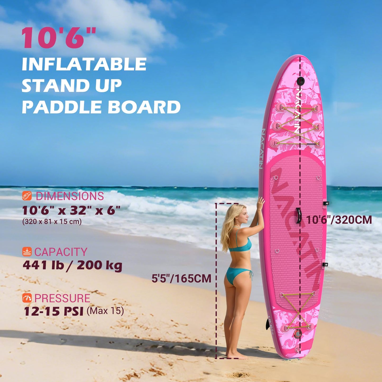 NACATIN Inflatable Stand Up Paddle Board for All Skill Levels, 10'6'' SUP Board for Adults with Non-Slip Deck, Full SUP Accessories & Storage Backpack, Great Stability for Lake, Ocean, Yoga & Fishing