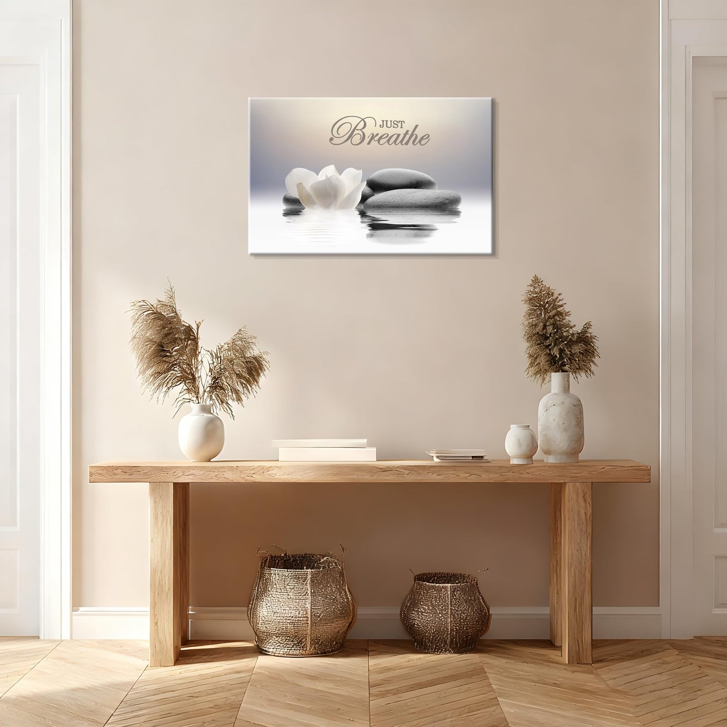YTAPIFS Zen Stone Wall Art White Lotus Flower Prints Artwork Modern Zen Spa Poster Just Breathe Yoga Quotes Pictures Wall Decor for Yoga Room office Bathroom Meditation room 12 x 16 in