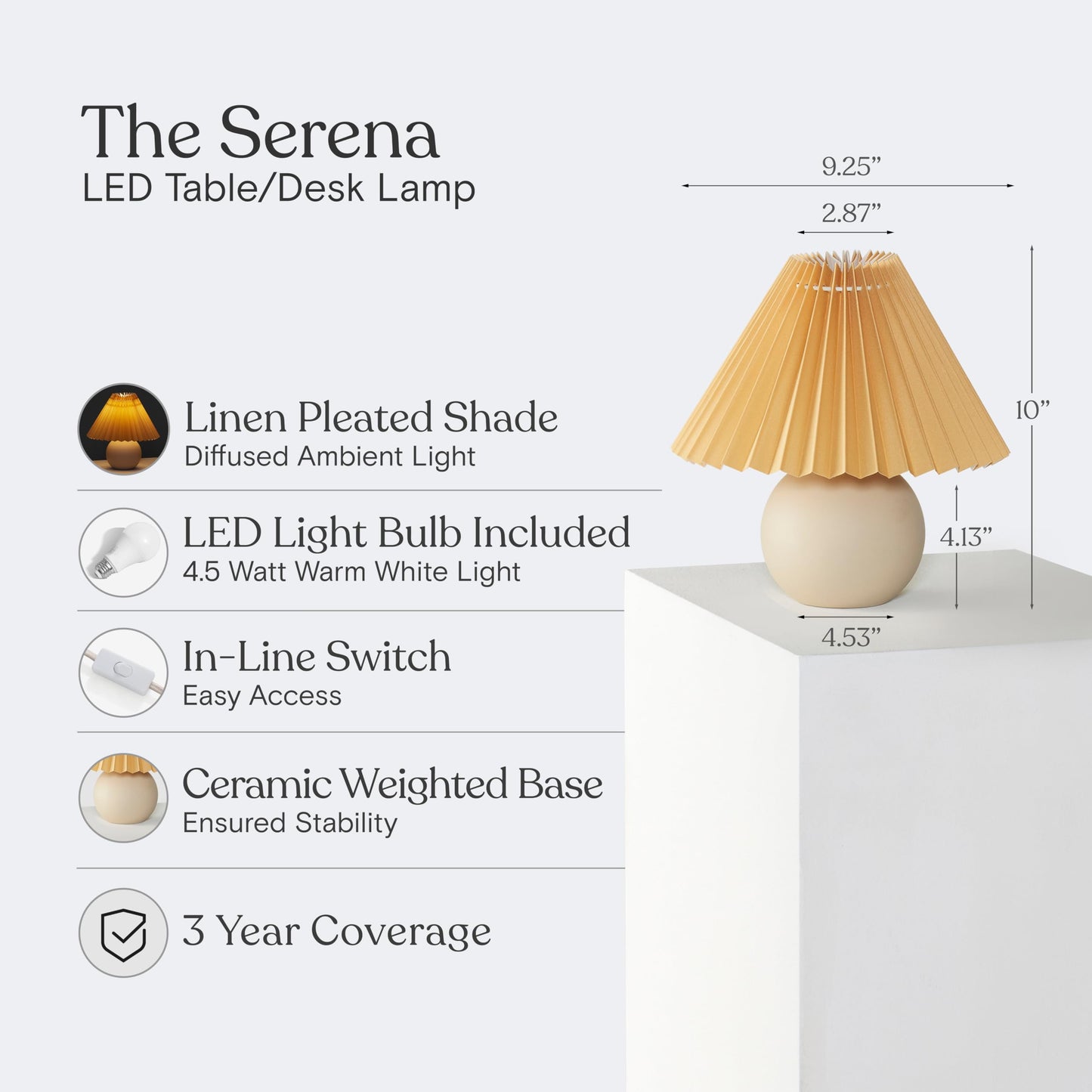 Brightech Serena LED Table Lamp - Small 10" Modern Ceramic Lamp with Pleated Shade for Bedside, Nightstand, Desk - Mini Night Light with Cozy Soft White Light for Living Room, Bedroom - Peach