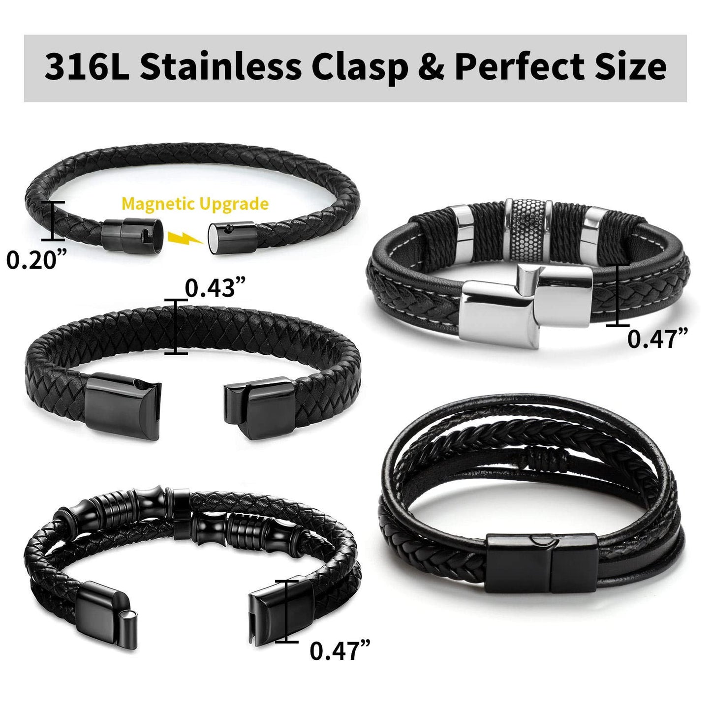 LOWNOUR Black Leather Bracelets for Men Women 5pcs Mens Bracelet Leather and Steel Braided Cuff Bracelets (7.5inch)
