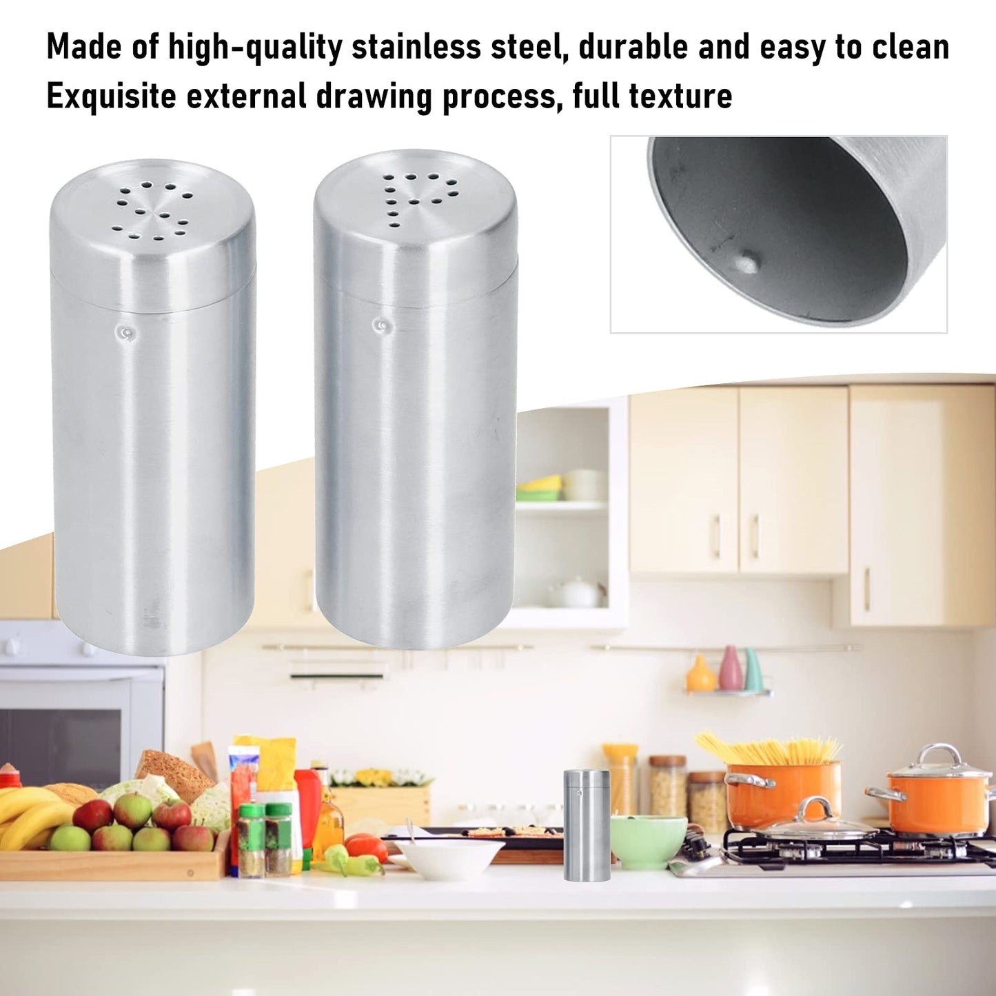 Salt Seasoning Bottle 2 Pcs Condiment Pots, Stainless Steel Jar Shakers Kitchen Container Tool, 1.5x1.5x3.4in 6.8oz Seasoning Shaker for Salt Cinnamon (Stainless