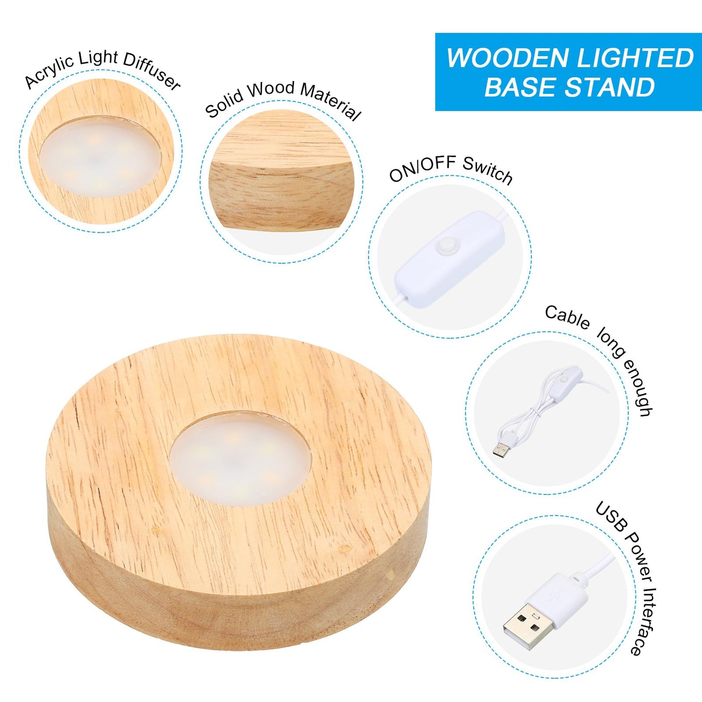 PATIKIL 4 Inch Wooden LED Light Base, 2pcs Wood Light Display Base Stand Lighting with Switch for 3D Crystal Glass Aroma Stone Art, Warm White Light, 5V DC