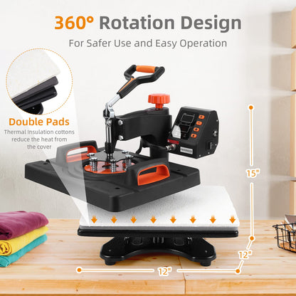 Heat Press Machine, Towallmark 12 X 15 inch, 6 in1 Heat Press, 800W Sublimation Machine, 360° Rotation Swing-Away Heat Press, Dual-Tube Heating Printing for DIY T-Shirts Cap Mugs