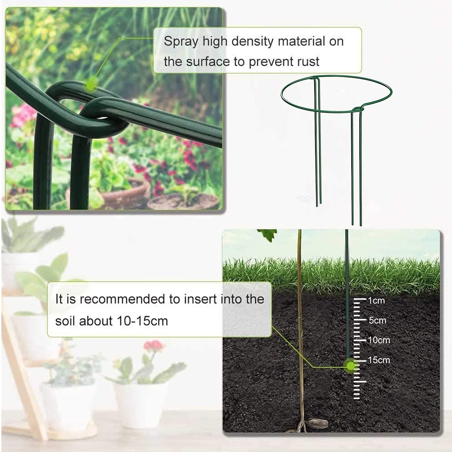 KAZITOO 10 Pack Large 60cm Tall Bow Plant Support Stakes, Strong Metal Garden Supports Half Round Flower Hoops with 5 Self Watering Spikes for Peonies, Hydrangea, Interlinking to Make Rows, Circles