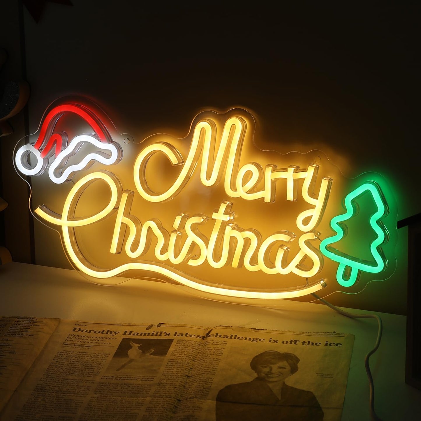 Louxiar Merry Christmas Neon Sign, 16.7" x 7.9" Acrylic Christmas Neon Sign with Xmas Tree and Santa Hat, USB Powered Warm White LEDs for Wall Window Bedroom Living Room Home