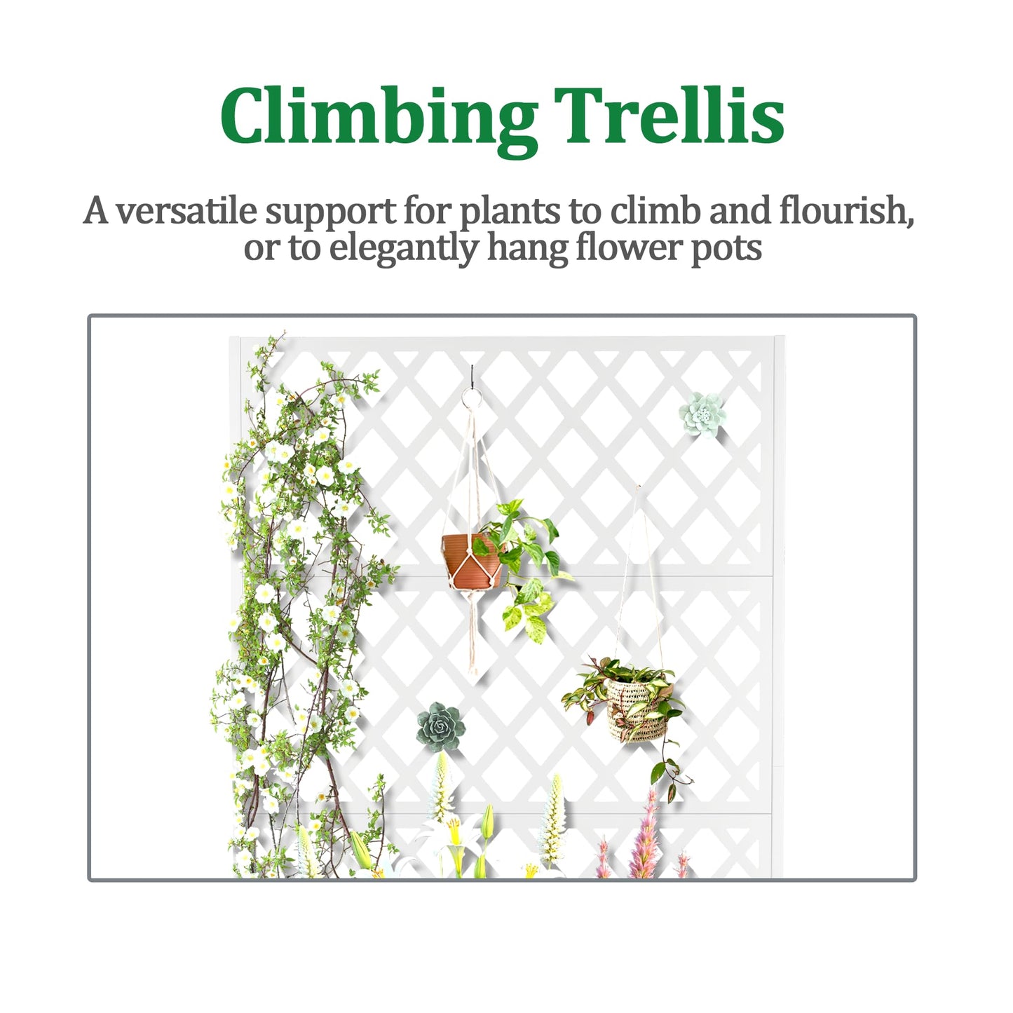 Metal Raised Garden Bed with Trellis and Wheels, 2 in 1 Trellis with Planter Box & Privacy Screen for Climbing Plants, Outdoor Standing Flower Beds with Drainage Holes, 47.2''L×15.7''W×70.9''H, White