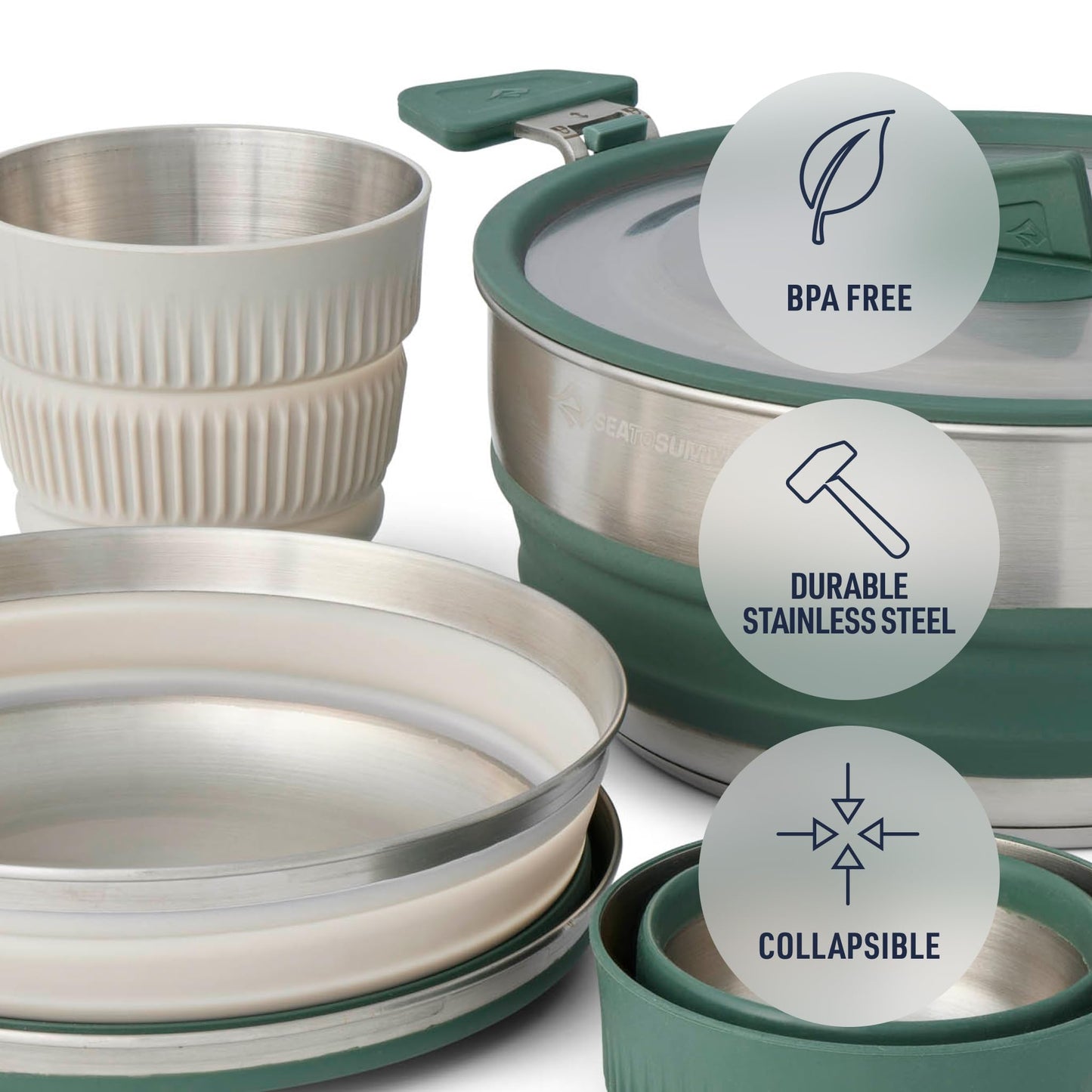 Sea to Summit Detour Stainless Steel One Pot Cook Set for Two (3 Liter Pot, 2 Large Bowls, 2 Mugs)