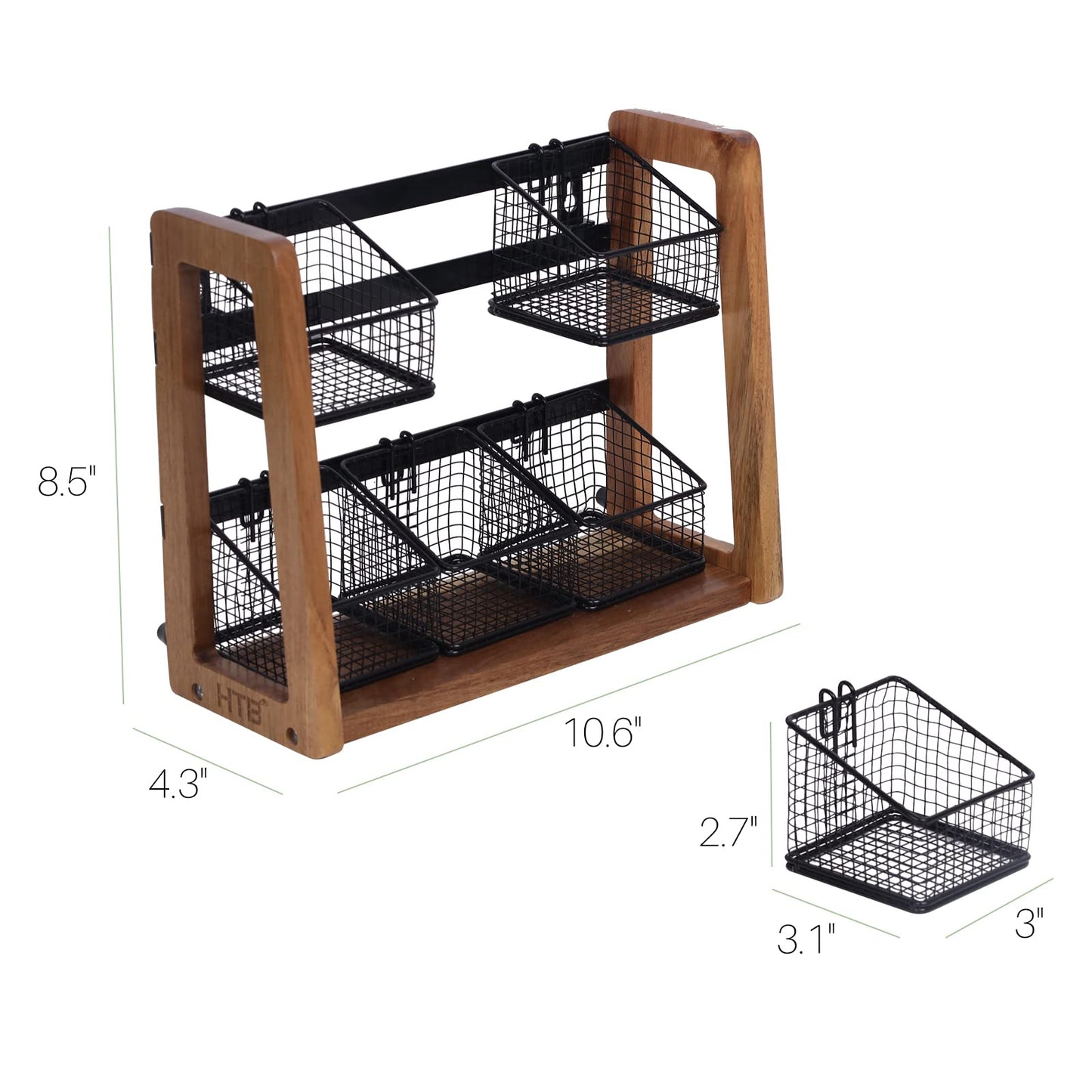 HTB 2 Tier Tea Organizer for Tea Bags, Tea Bag Holder with Acacia Wood Stand and 6 Removable Metal Basket for Sugar Packets, Sweeteners, Creamers for Cabinet, Countertop or Wall-mounted
