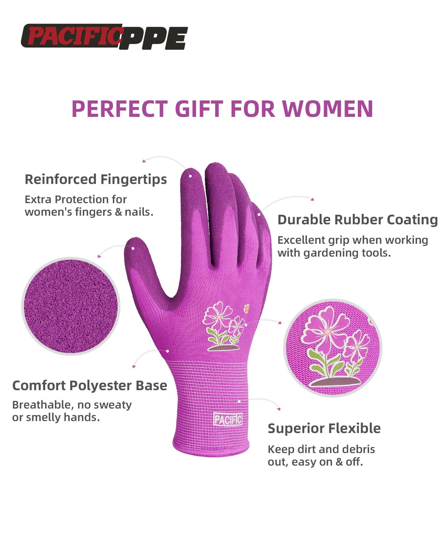 PACIFIC 3 Pairs Gardening Gloves for women, Rubber Coated Garden Gloves, Ladies Yard Work Gloves, Breathable, Purple & Yellow & Red, Medium