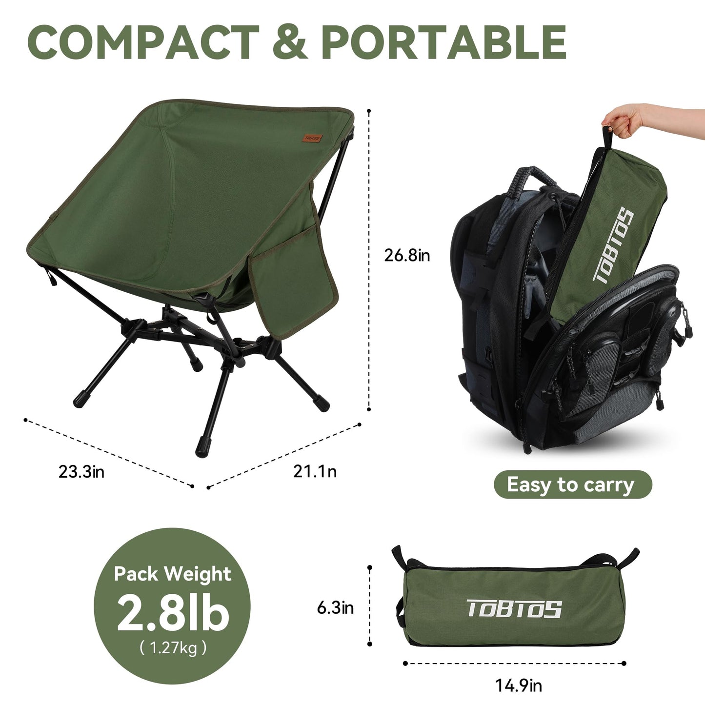 TOBTOS Ultralight Camping Chair, Portable Folding Backpacking Chair, Compact Camping Chair with Carry Bag for Outdoor Camp Hiking Backpack Beach Travel (Green)