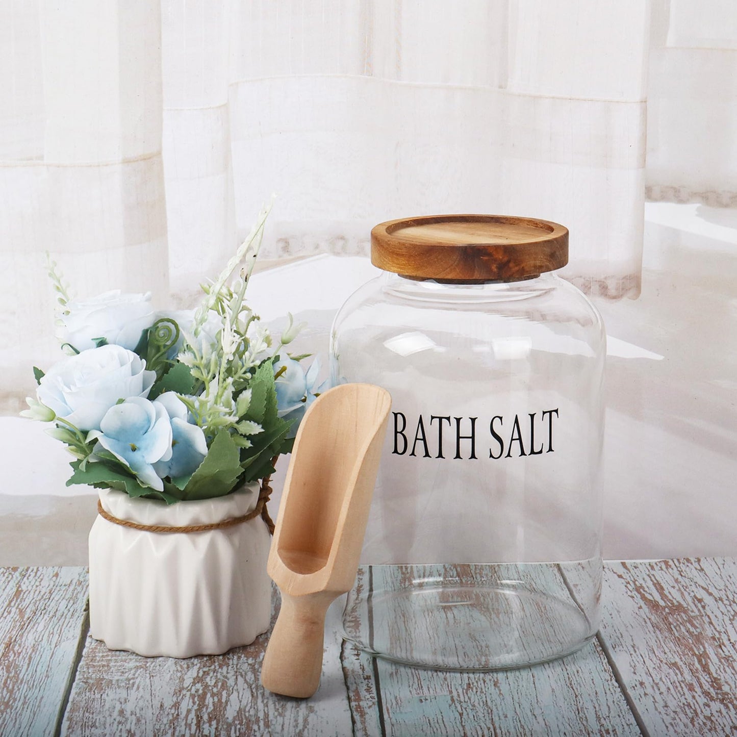 Klmnop 74 oz Glass Bath Salts Jar with Wooden Scoop, Bath Salt Container with Lid, Bathroom Organizers and Bath Decor(Clear)