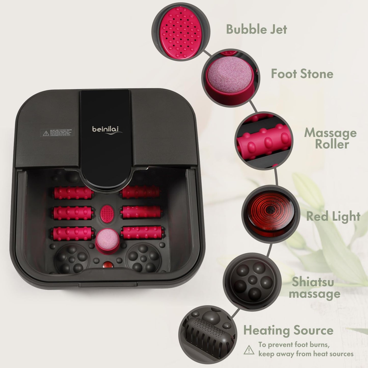 Beinilai Collapsible Foot Spa,Foot Bath with Heat and Massage and Bubble Jets,Foot Soak Tub with Six Non Motorized Rollers,Acupressure Massage Points,Red Light and Removable Pumice Stone