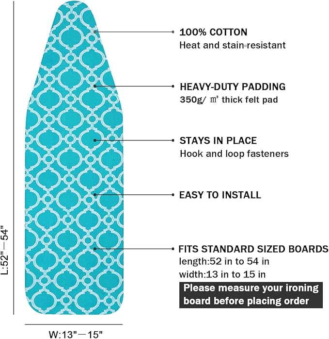 Ironing Board Cover and Pad Standard Size 15" x 54", 3 Pairs of Hook and Loop