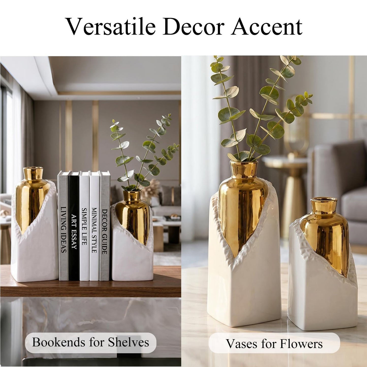 Iryanthos White and Gold Ceramic Vase Set, Modern Home Decor Flower Vases, 2-Piece Bud Vase for Living Room, Wedding & Hotel Dining Table Centerpieces, Fireplace or Bookshelf, 8.6" & 10.8" H