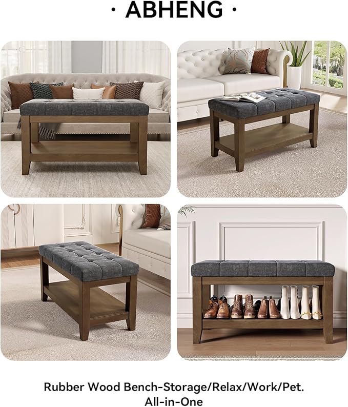 ABHENG Solid Rubber Wood Shoe Bench, Soft Chenille Material Upholstered Seat