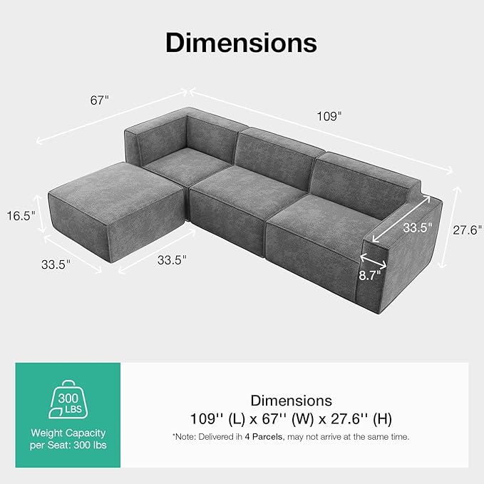 Novilla 109" Modular Sectional Sofa, No Assembly Cloud Sectional Couch
