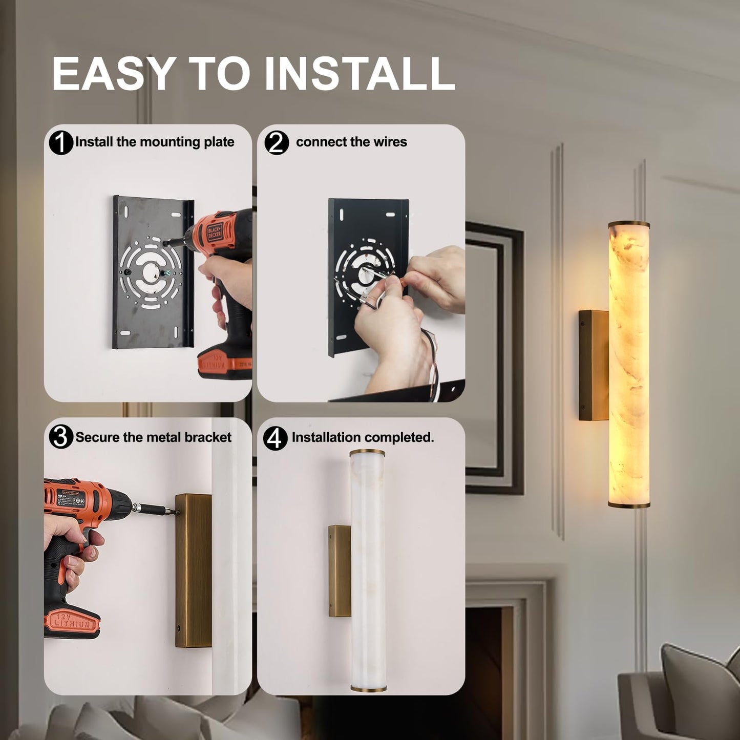 Alabaster Wall Sconces, 20" Brass Wall Sconce, Cylinder Natural Marble Sconces Wall Lighting, Modern Stepless Dimmable Sconces Lighting for Bathroom Living Room Bedroom Stairs Hallway