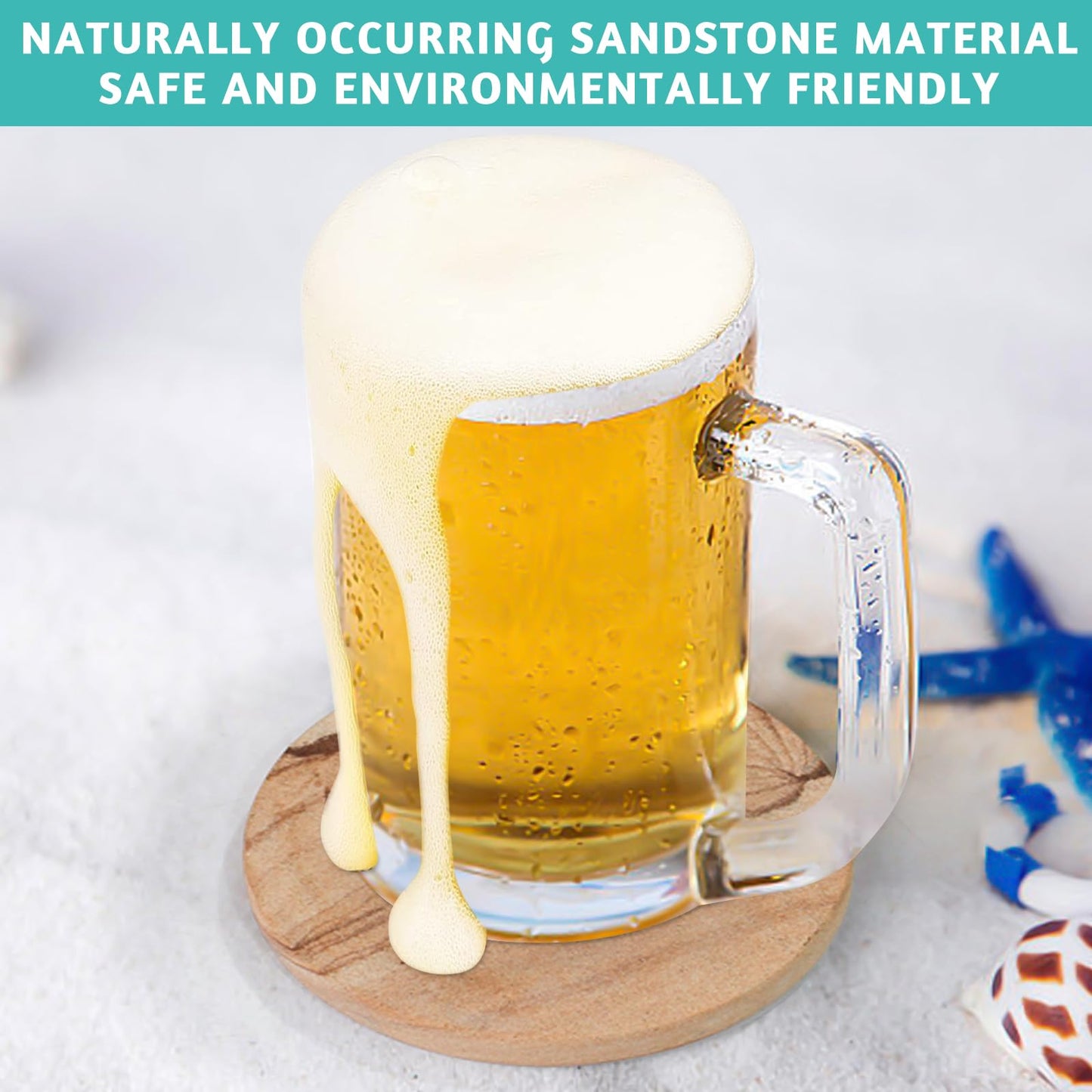 Almagic Natural Sandstone Coasters Set of 6 with Holder, 4 in Dia, Round, Heat Resistant & Absorbent, for Home & Office