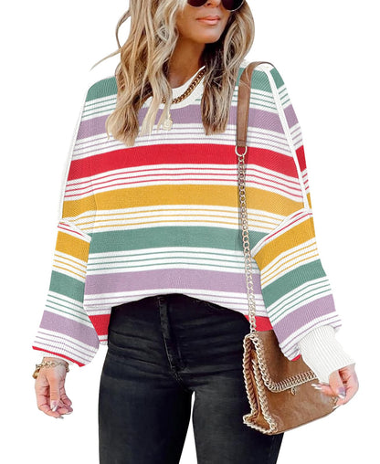 ETCYY Womens Oversized Sweaters Fall 2025 Fashion Clothes Trendy Batwing Sleeve Colorblock Striped Knit Pullover Tops