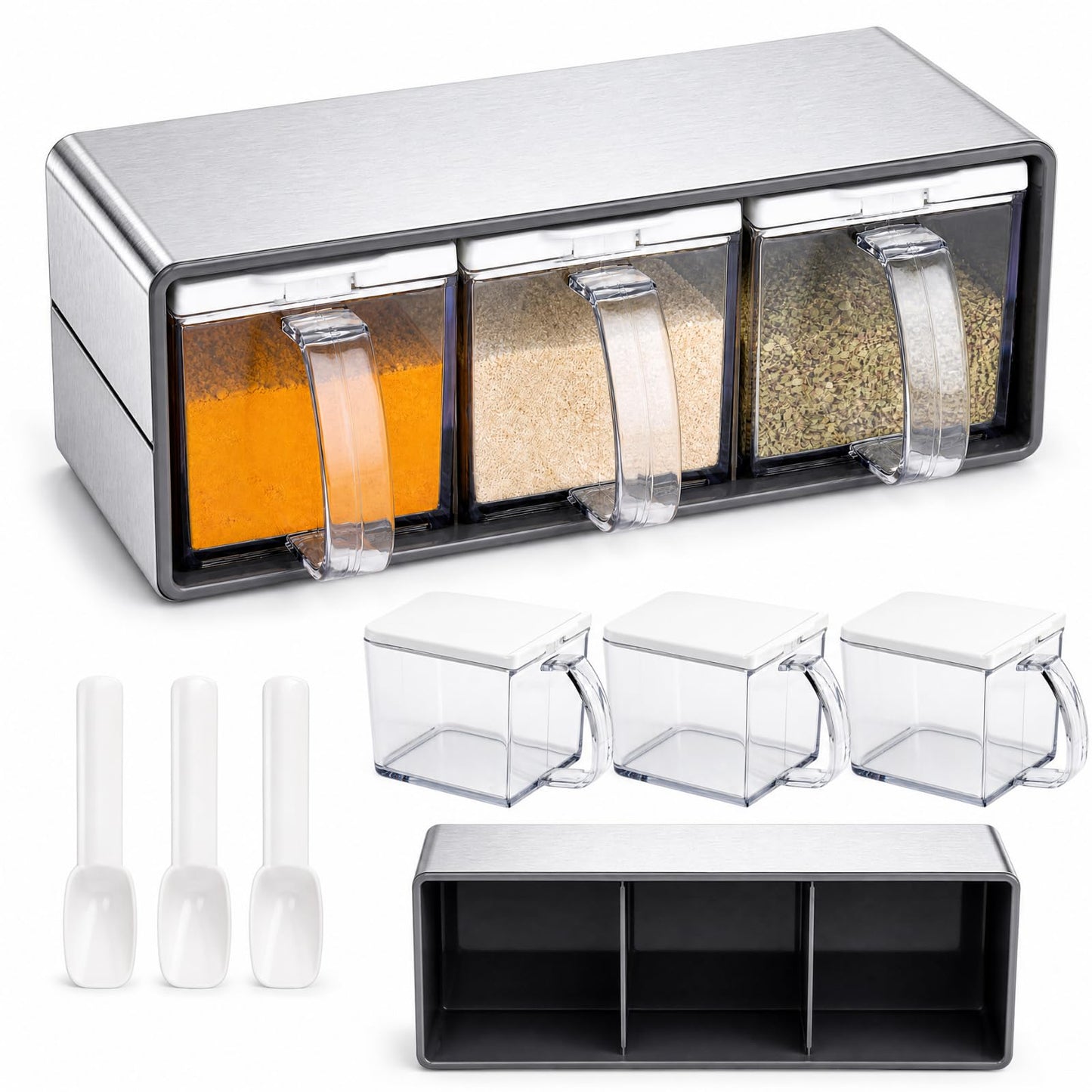 ZENFUN 3 Grids Seasoning Organizer Box, Stainless Steel Salt Container with Lid and Spoon, Seasoning Containers with Stainless Steel Rack for Home, Kitchen, Cafe, Storing Salt, Sugar, Pepper, Spice