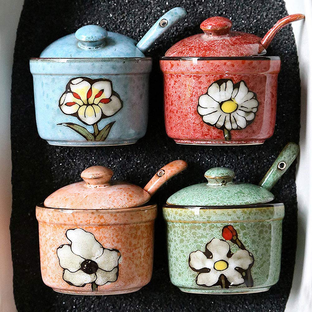 VanEnjoy Retro Hand Painted Flower Ceramic Round Sugar Spice Containers Porcelain Jar with Spoon Round Condiment (blue)