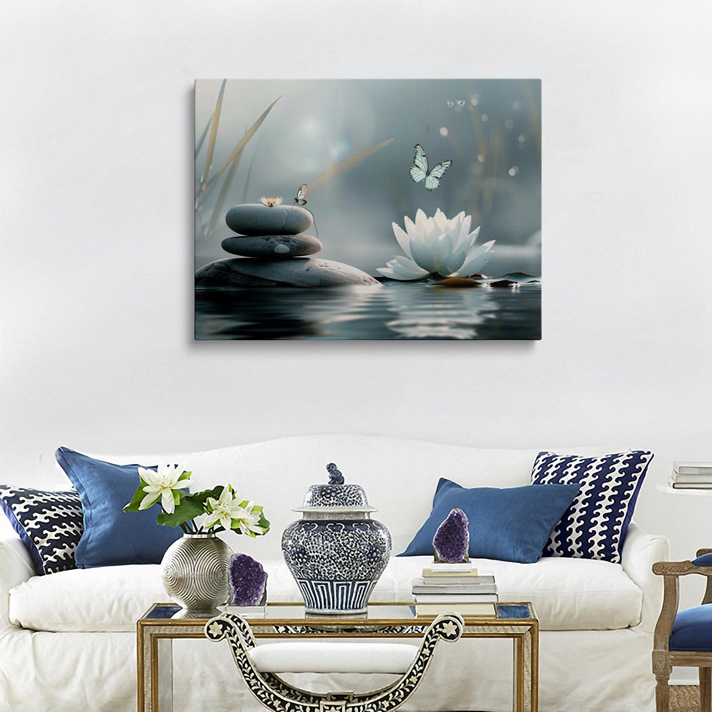 Zen Lotus Flower with Stones and Butterflies Canvas Wall Art Framed Serene Painting Prints Posters Artwork for Meditation Room Wall Decor Calming Spiritual Bathroom Art 12x16 Inches