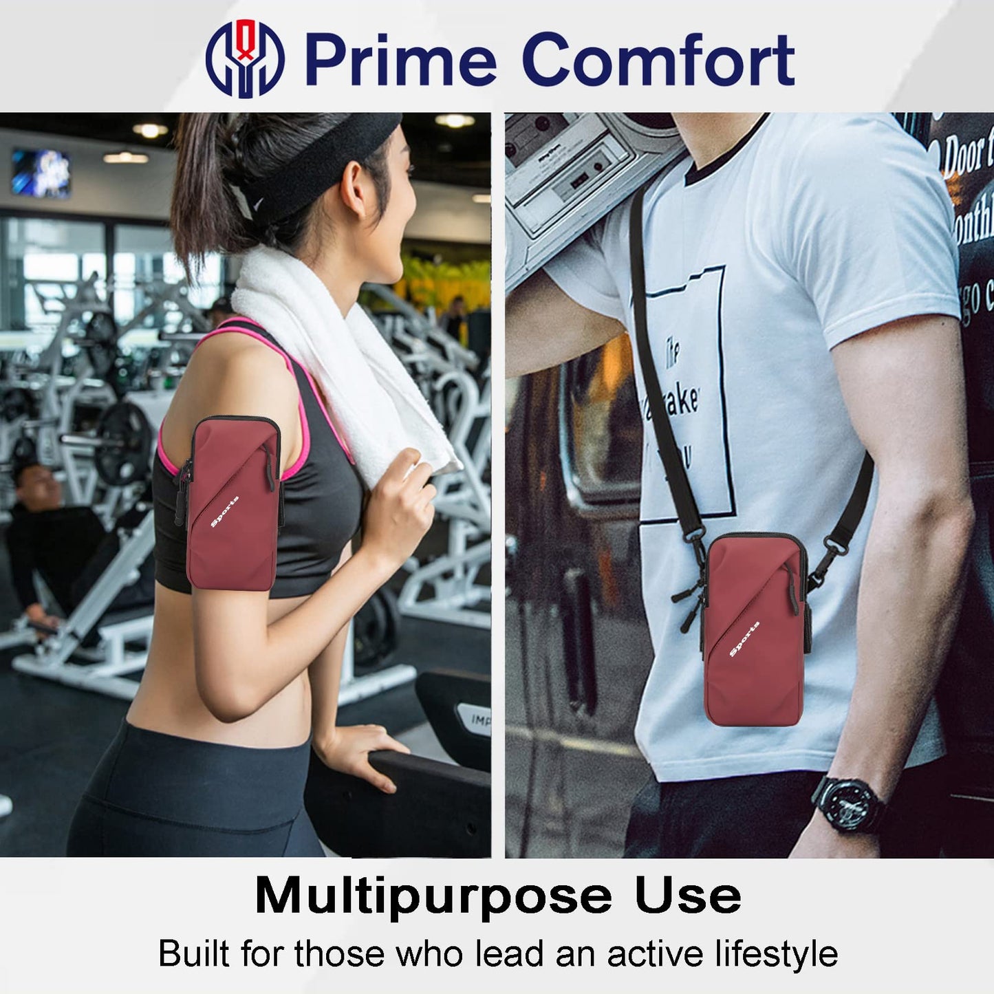 Prime Comfort Cell Phone Holder, Small Crossbody Shoulder Holsters Bag with Arm Band, Fits iPhone and Android, Use for Running, Walking, Hiking & Biking (6.7 Inches, Red)