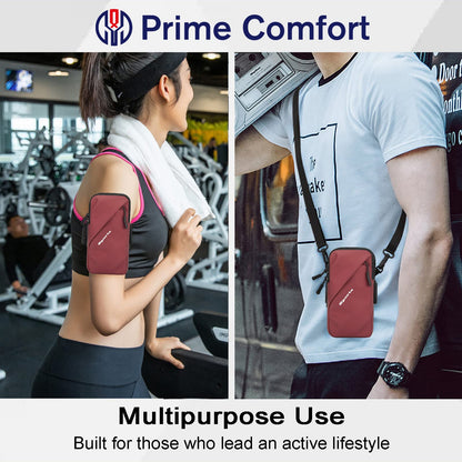 Prime Comfort Cell Phone Holder, Small Crossbody Shoulder Holsters Bag with Arm Band, Fits iPhone and Android, Use for Running, Walking, Hiking & Biking (6.7 Inches, Red)