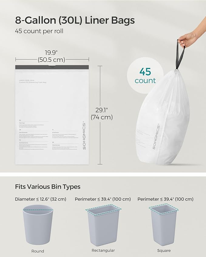SONGMICS Trash Bags for 8-Gallon Trash Cans, Drawstring Kitchen Garbage Bags