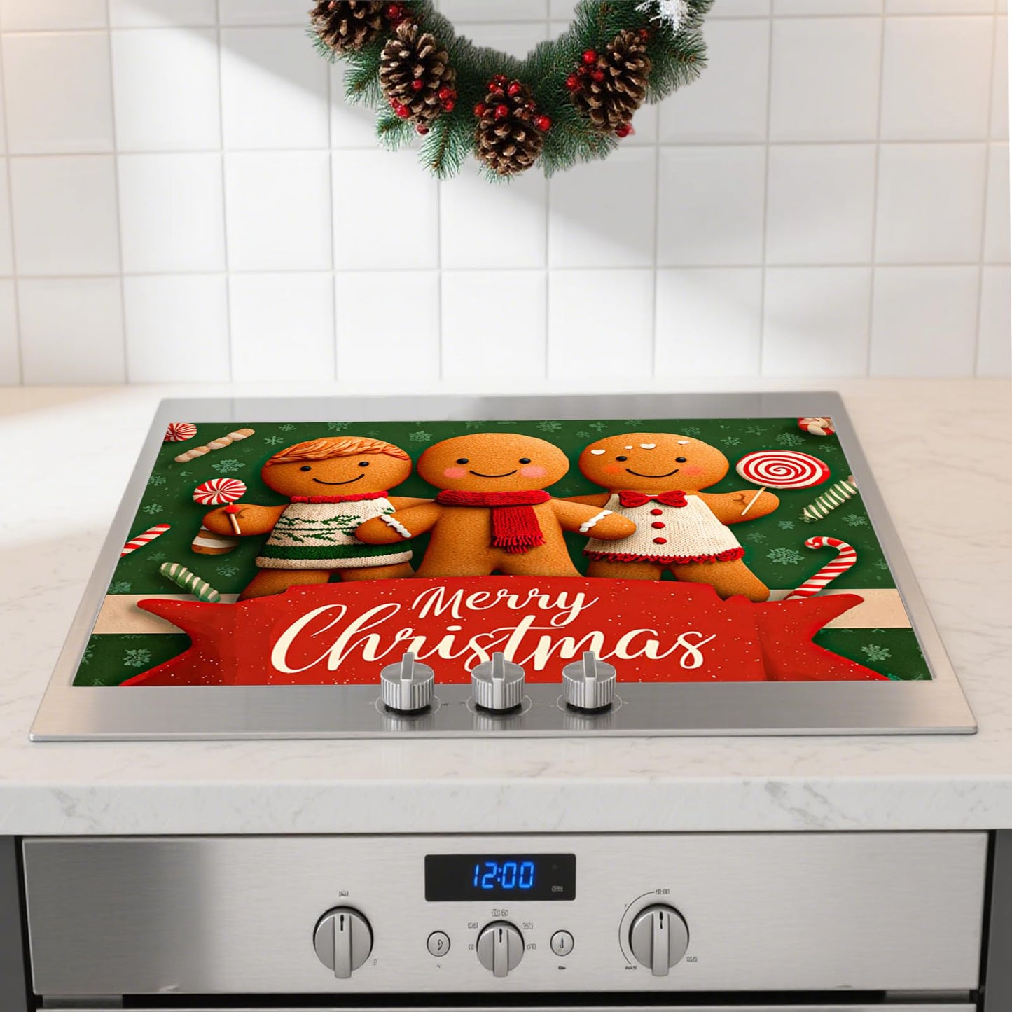 Nuxovilar Christmas Stove Top Cover 28.35×20.47 Inch – Gingerbread Man Design for Holiday Kitchen Decor – Festive Stove Burner Cover, Polyester & Diatom Mud Blend