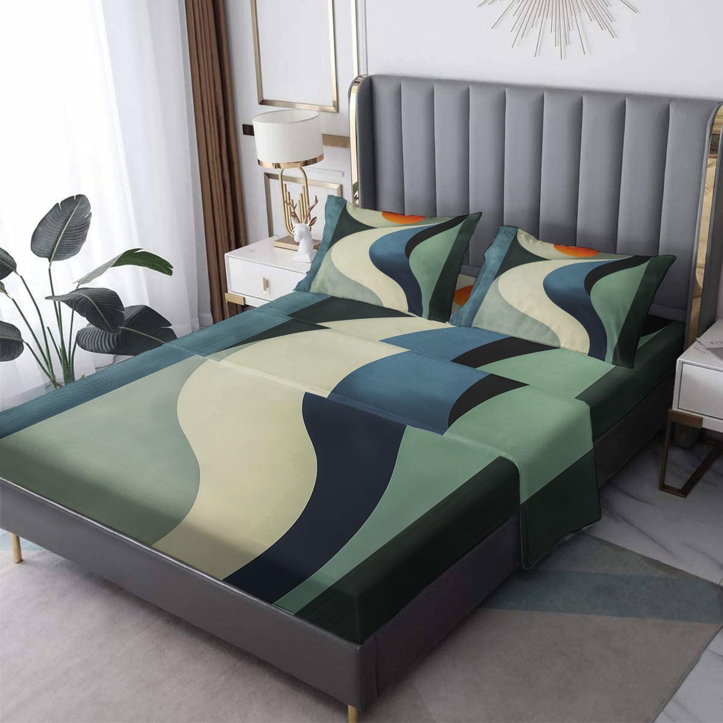 NOGAWA Abstract Sheets California King Size, Retro Geometric Bed Sheets, Bedding Sheets & Pillowcases 4 Piece Set - Soft Microfiber Deep Pocket Fitted Sheet & Flat Sheet & 2 Pillow Cases