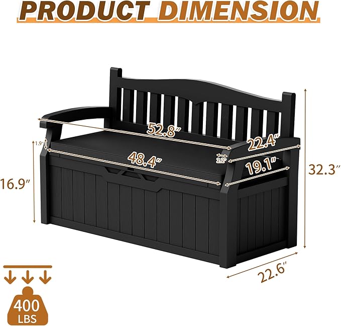 Devoko 80 Gallon Storage Bench with Cushion, Lockable Deck Box for Patio Furniture, Garden Decor and Outdoor Seating for Cushions, Garden Tools and Pool Supplies (Black, 80 Gallon with Cushion)