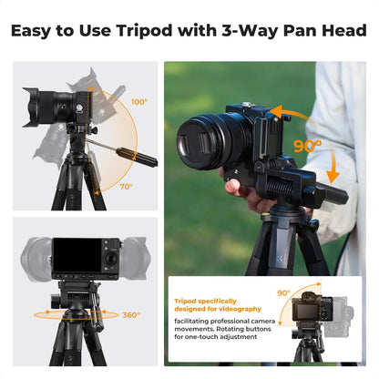 K&F CONCEPT Camera Tripod, 75" Lightweight Portable Travel Outdoor DSLR Tripods for Camera Phone Video Recording Tripod Stand, Cellphone Clip for Smartphone Live Streaming Vlog, Black