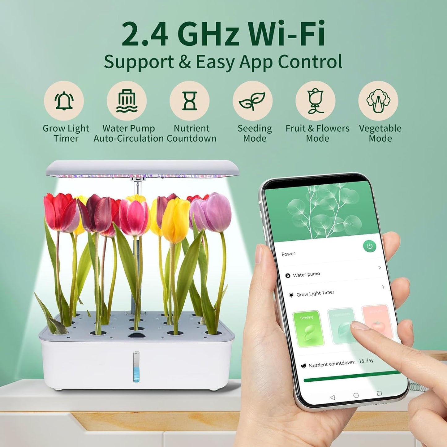 Hydroponics Growing System Kit with LED Grow Light, Indoor Gardening System with 14 Pods, WiFi Indoor Herb Garden, Herb Garden Kit Indoor, Adjustable Height Up to 16.5", Auto Pump, 5L Water Tank